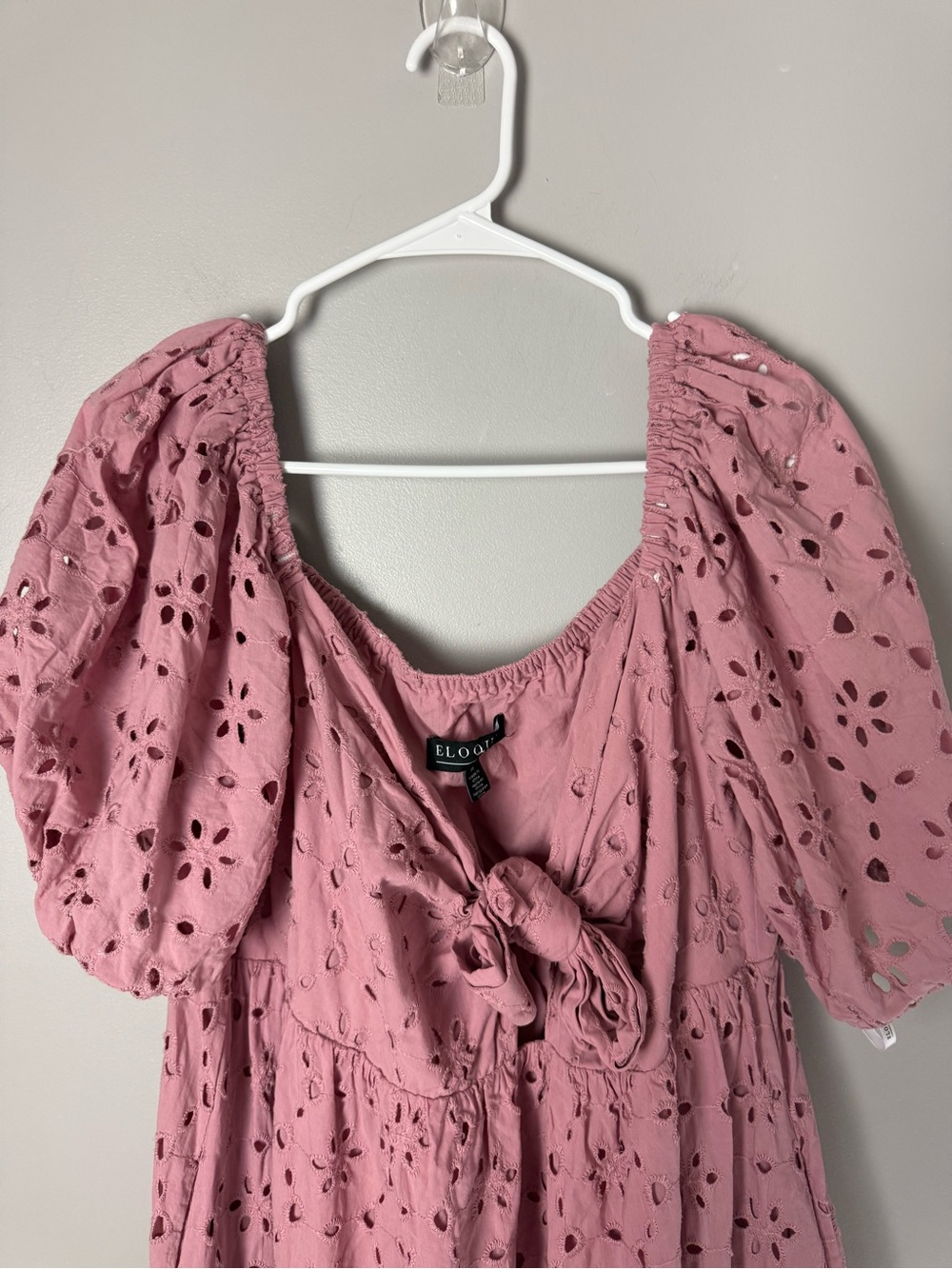 Eloquii Woman’s Eyelet Detain Tie Front Puff Sleeve Maxi Dress SZ 16 Pink Mauve - Picture 4 of 10